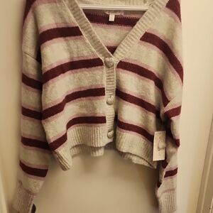 Red and Cream Heart Button Cardigan with V-Neck